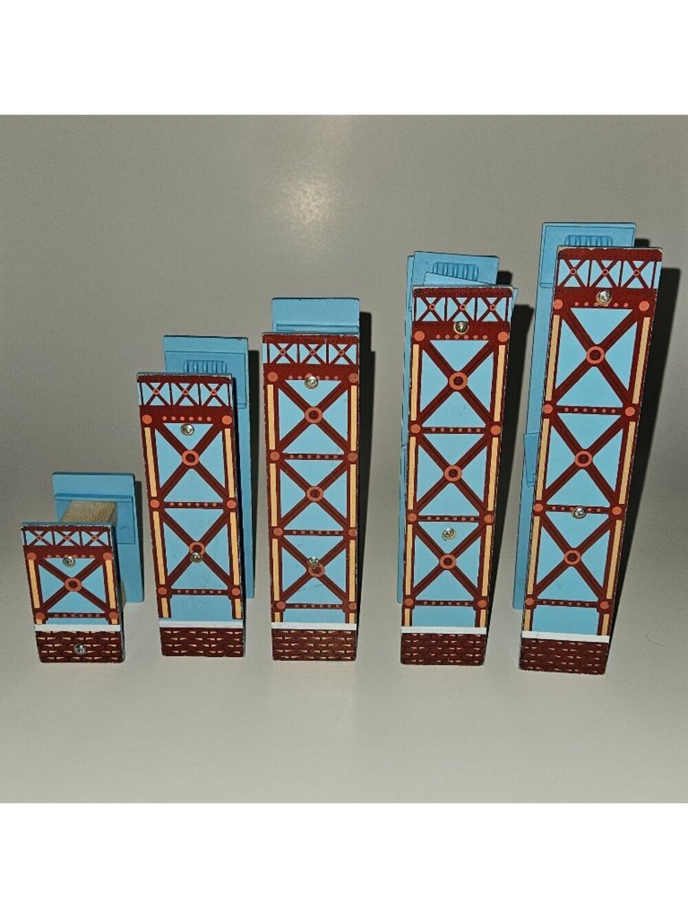 5 Blue Red-ish Risers Wooden Train Tracks Accessories Toy Lot DIFFERENT SIZES